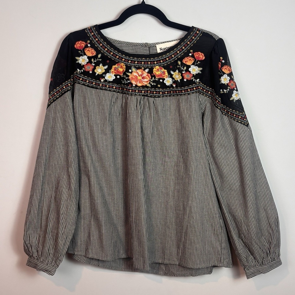 NEW Savannah Jane Women's Black Striped Sheer Embroiders Yoke Blouse SZ Large